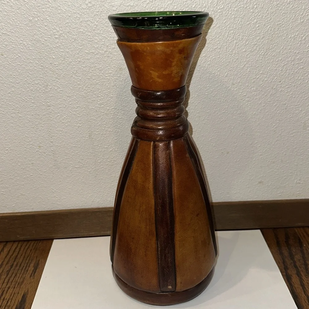 Wine Carafe Made in Italy VINTAGE Brown Leather Wrapped Green Glass 11.5”